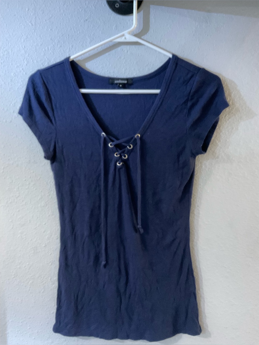 Ambiance Navy Lace-Up V-Neck Short Sleeve Top